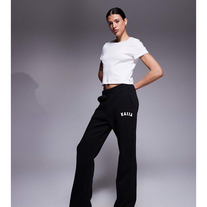 Kaiia Tall cotton blend embroidered logo wide leg joggers in black 115625622