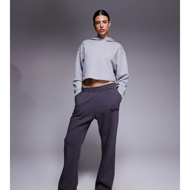 Kaiia Tall cotton blend embroidered logo wide leg joggers in dark grey 105040941