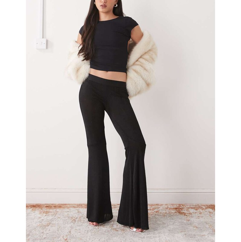 Monki flared rhinestone trousers in black 110062743