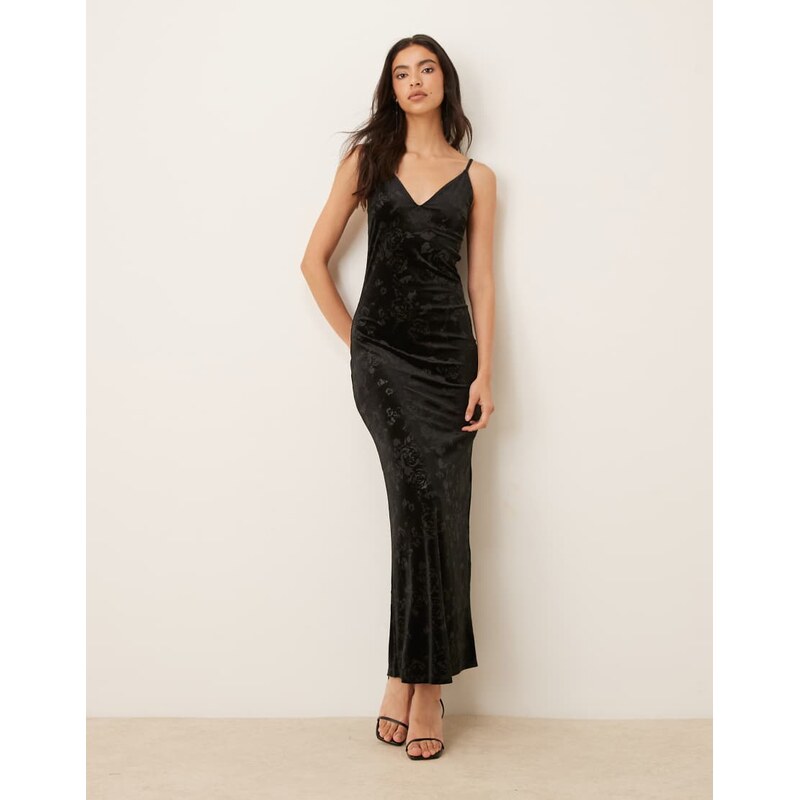 Gina Tricot rose jacquard velvet maxi dress in black