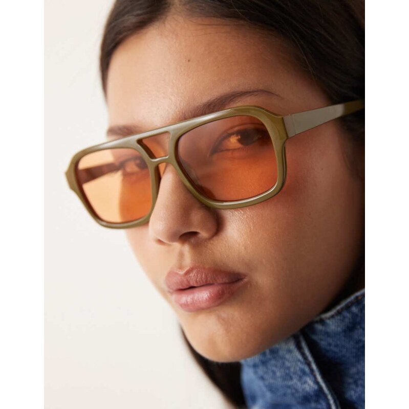 ASOS DESIGN aviator sunglasses in olive green with orange lenses