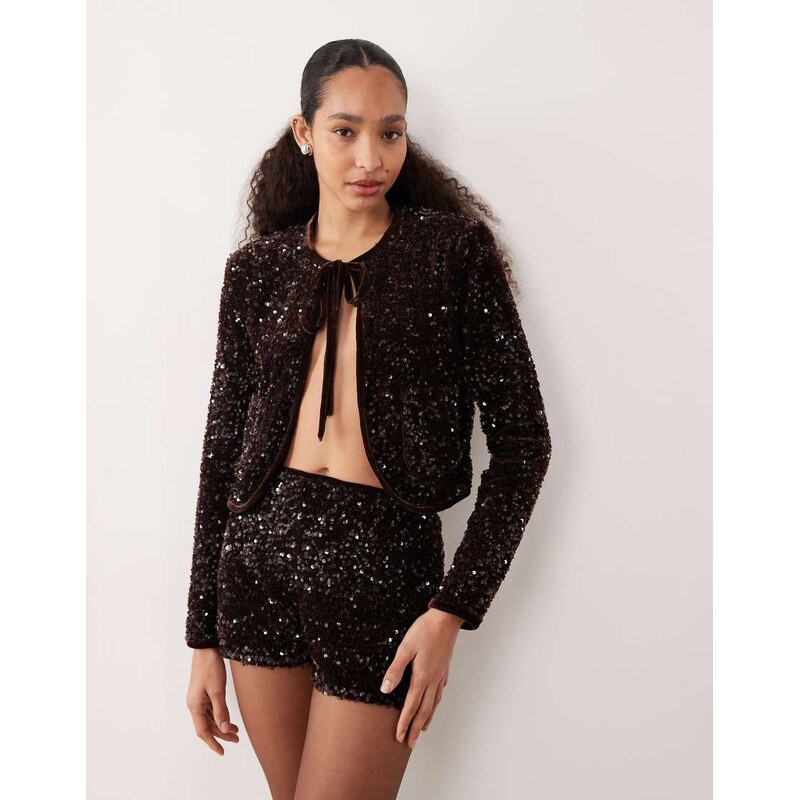 Mango sequin micro short co-ord in chocolate-Brown