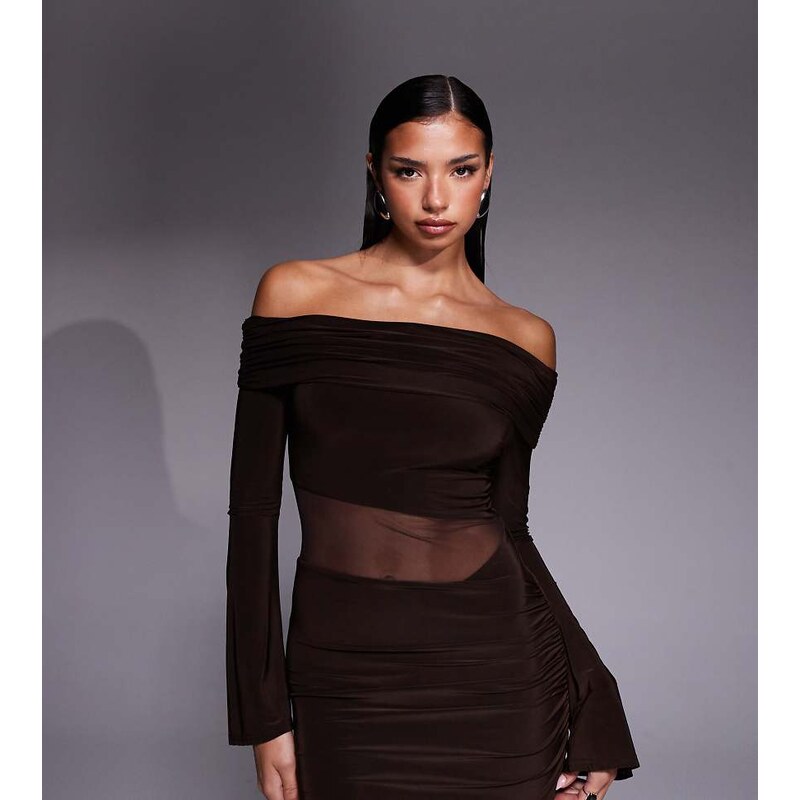 Kaiia exclusive slinky bardot flare sleeve mesh insert mini