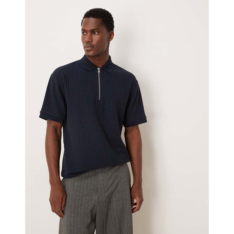 ASOS DESIGN heavyweight relaxed polo with zip neck in navy texture