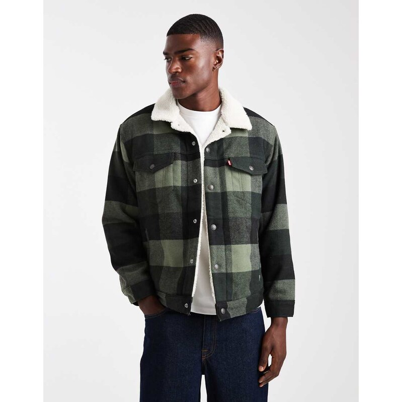 Levis relaxed fit block check sherpa trucker jacket in charcoal