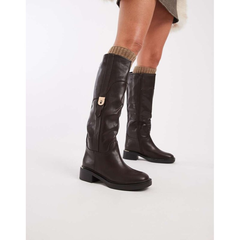SEQWL Twix buckle detail refined riding boots in chocolate-Brown