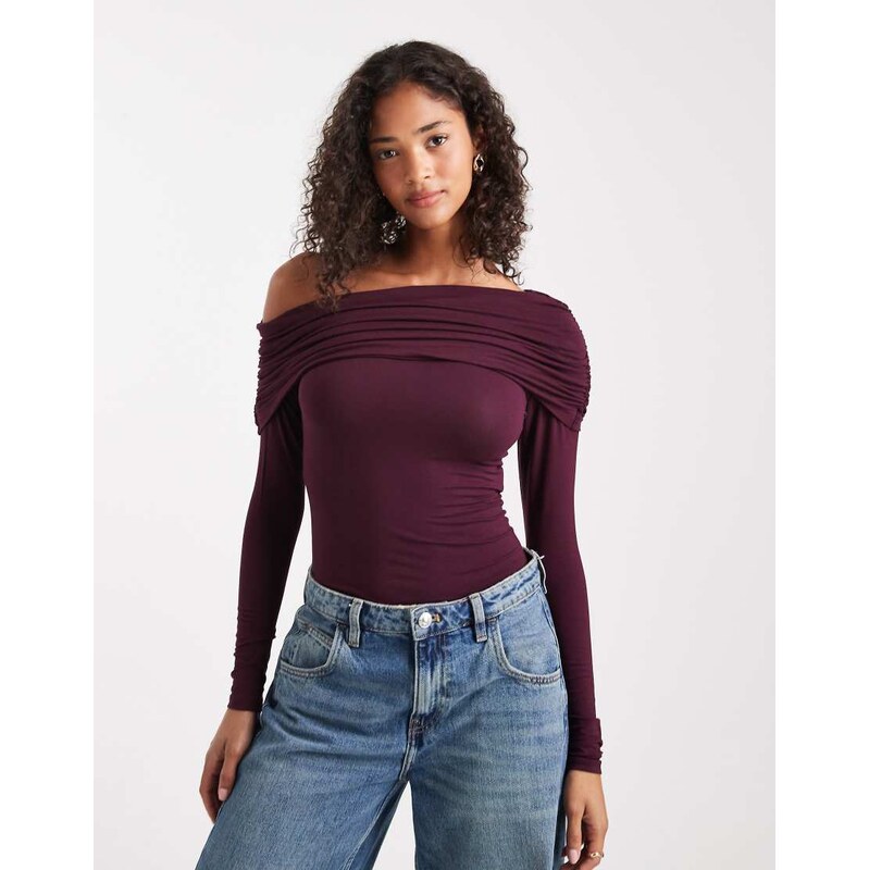 Miss Selfridge asym bardot bodysuit in plum-Purple 114693338
