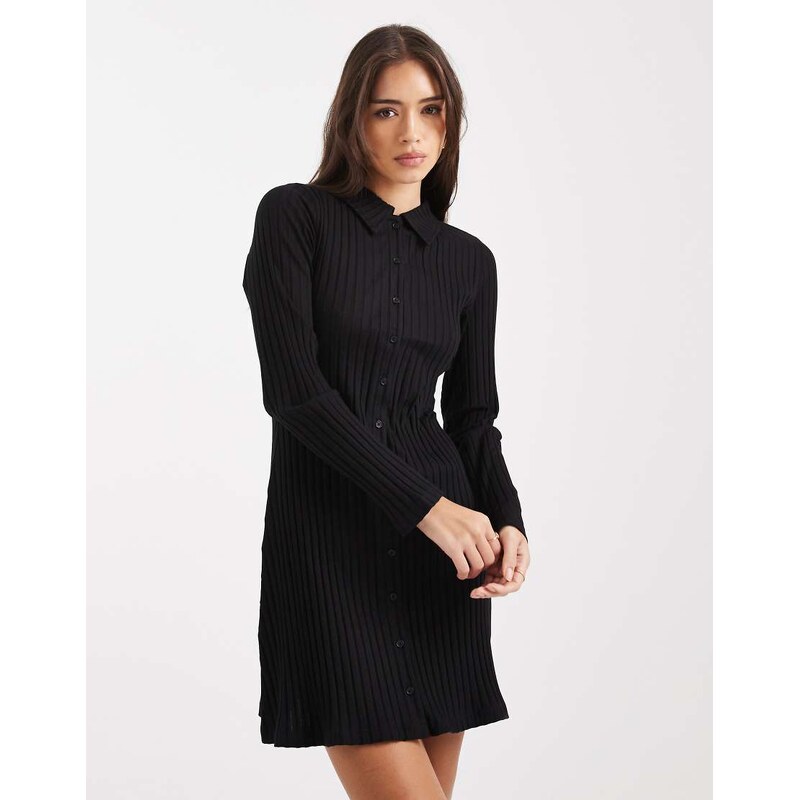 Miss Selfridge rib polo button through mini dress in black