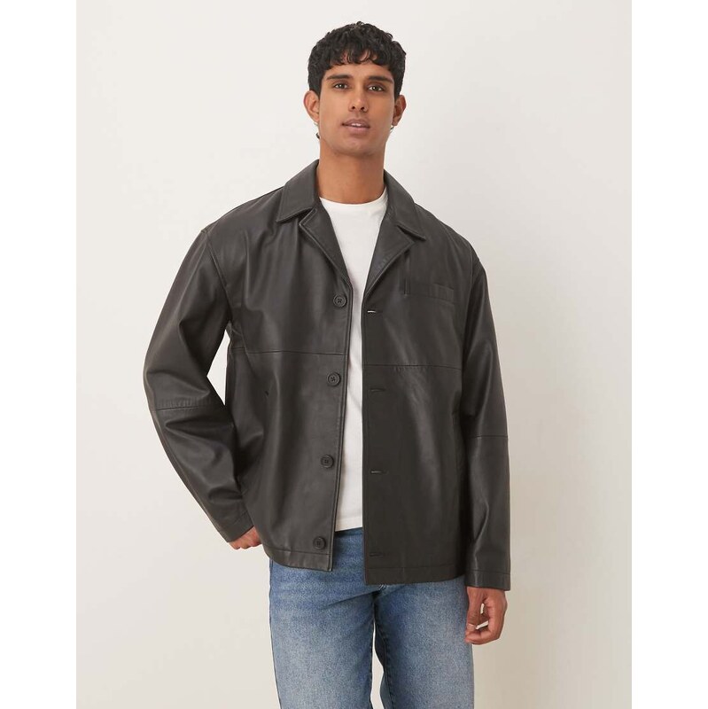 ASOS DESIGN real leather harrington jacket in black