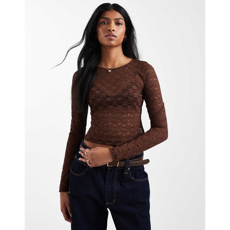 ASOS DESIGN lace sheer long sleeve cropped top in chocolate