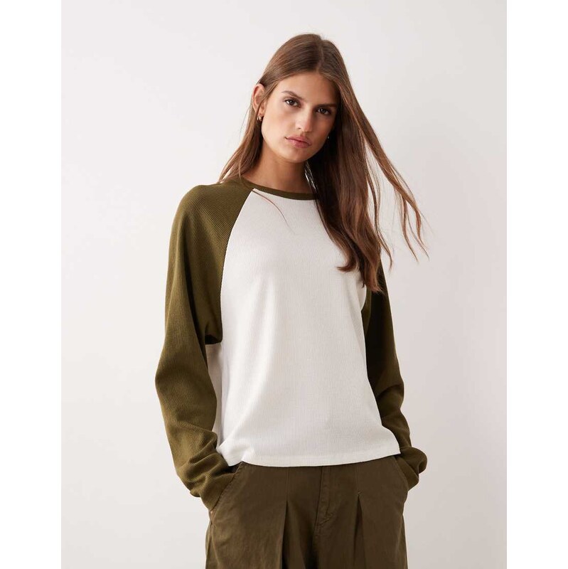 ASOS DESIGN raglan long sleeve top in waffle in cream and olive