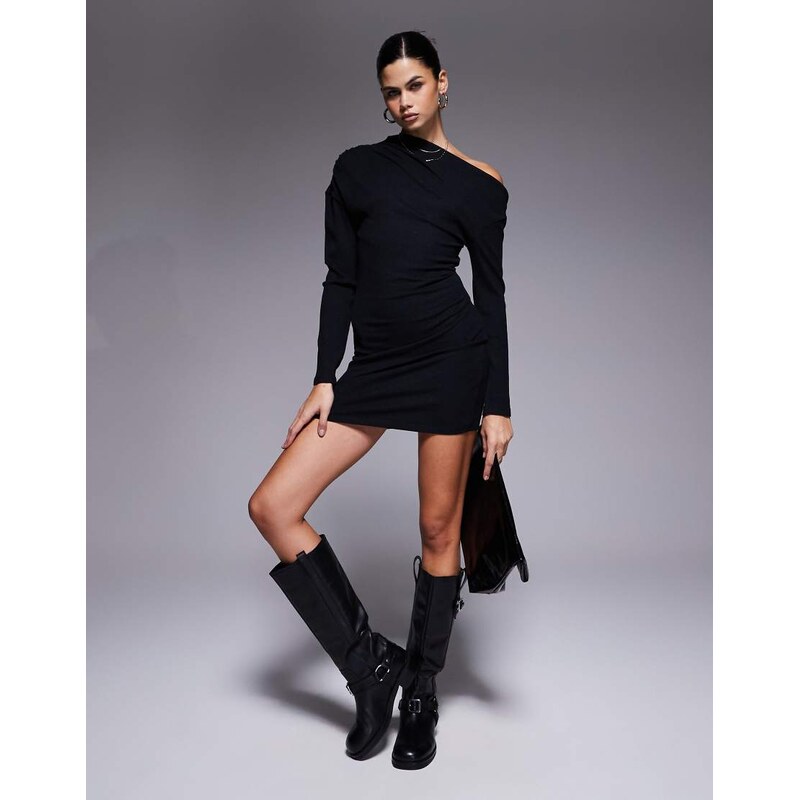 ASOS DESIGN ribbed asym neckline fitted mini dress in black
