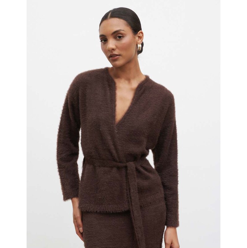 Pretty Lavish fluffy knit tie waist cardigan in chocolate brown 110131225