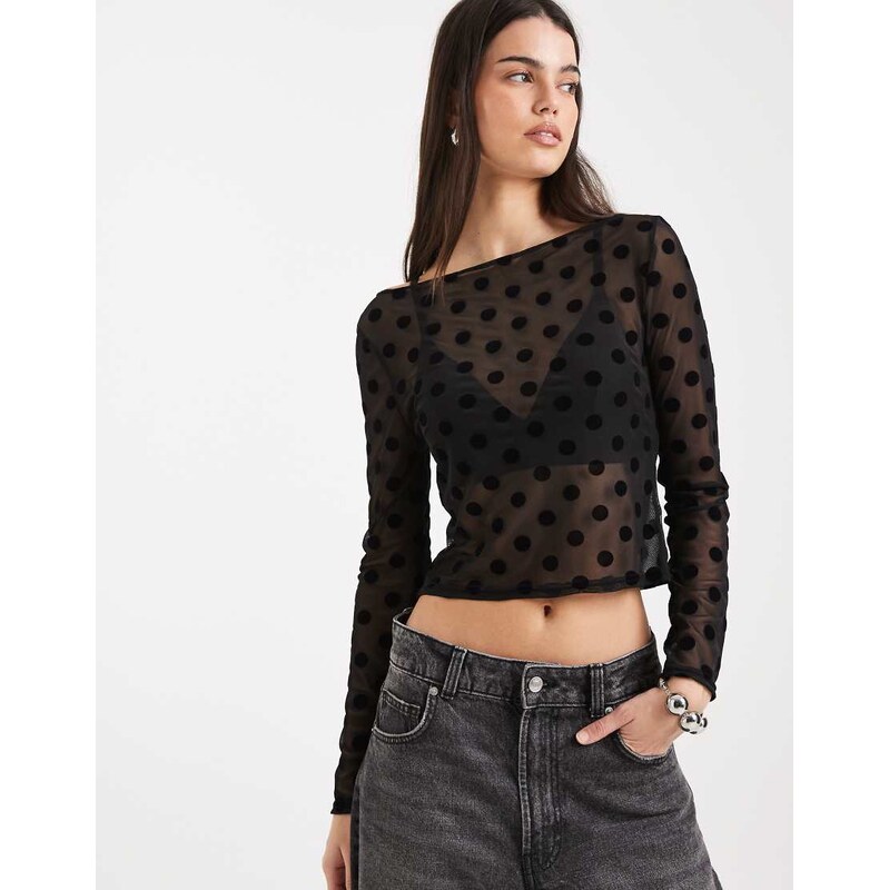 COLLUSION slash neck polka dot flock long sleeve top-Black