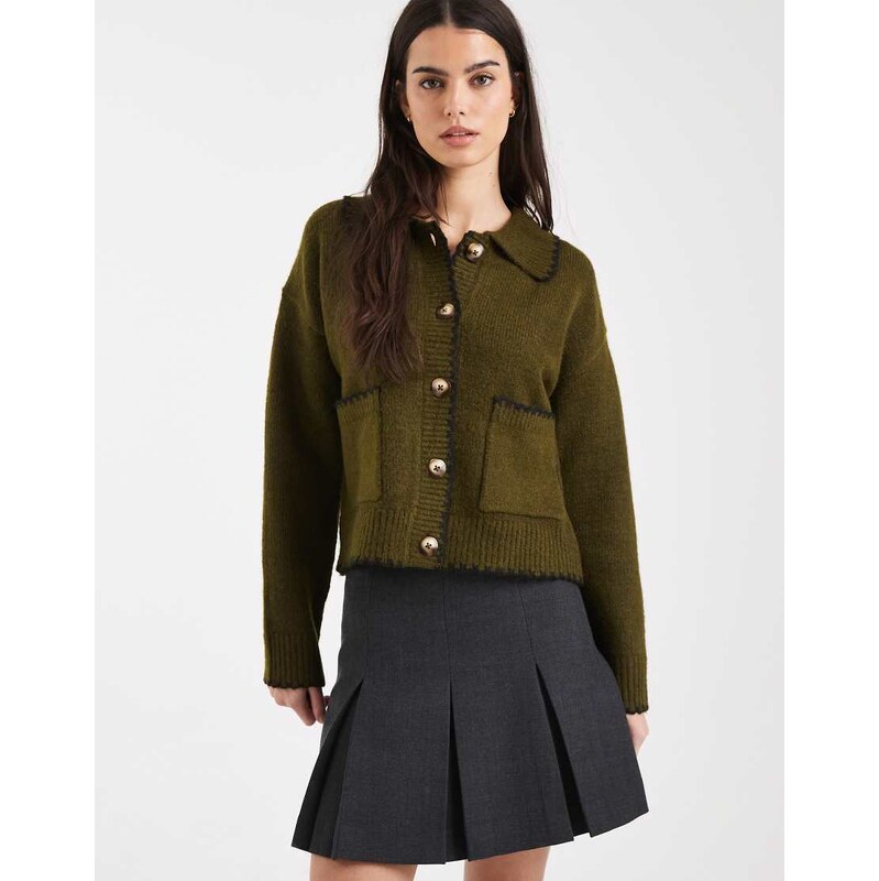 New Look blanket stitch collared cardigan in khaki-Green