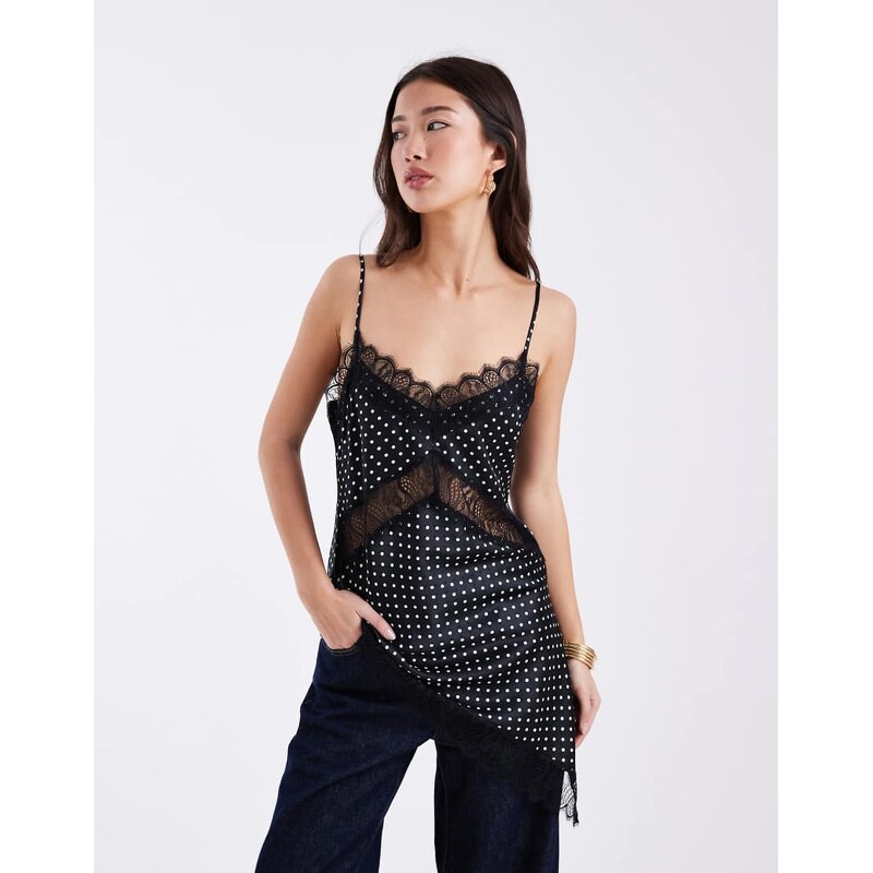 ASOS DESIGN satin asymmetric lace cami in polka dot-White