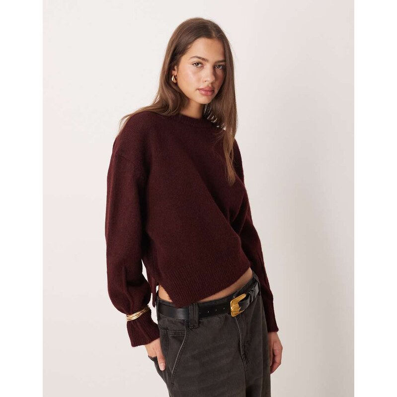 ASOS DESIGN boxy crew neck jumper with side split detail in plum