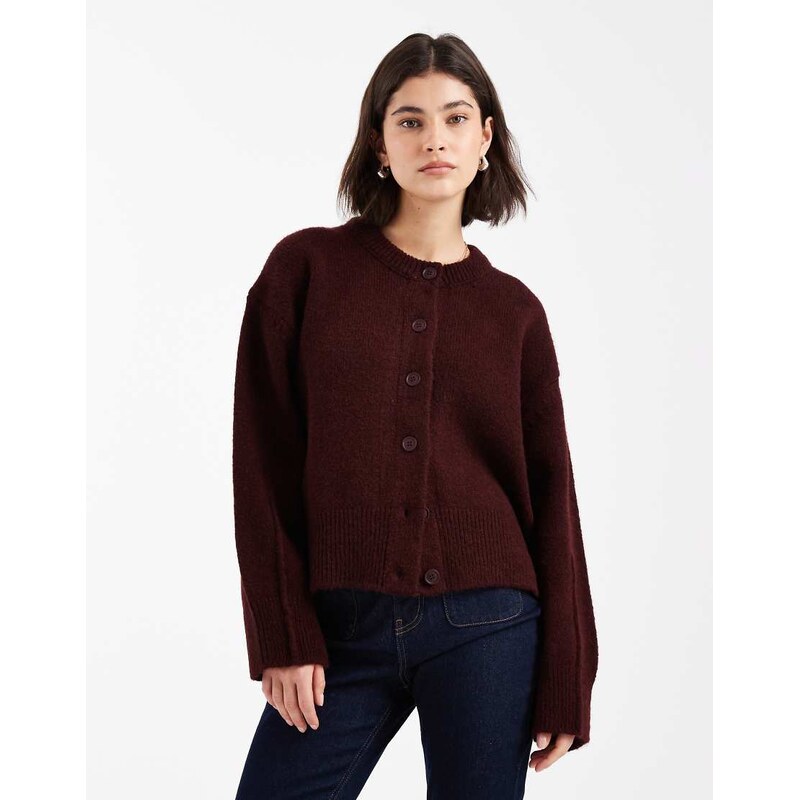 ASOS DESIGN boxy crew neck cardigan with side split detail in plum-Purple