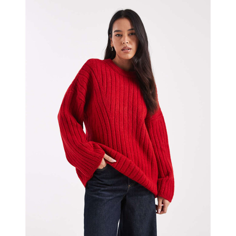 ASOS DESIGN longline crew neck jumper in rib in red
