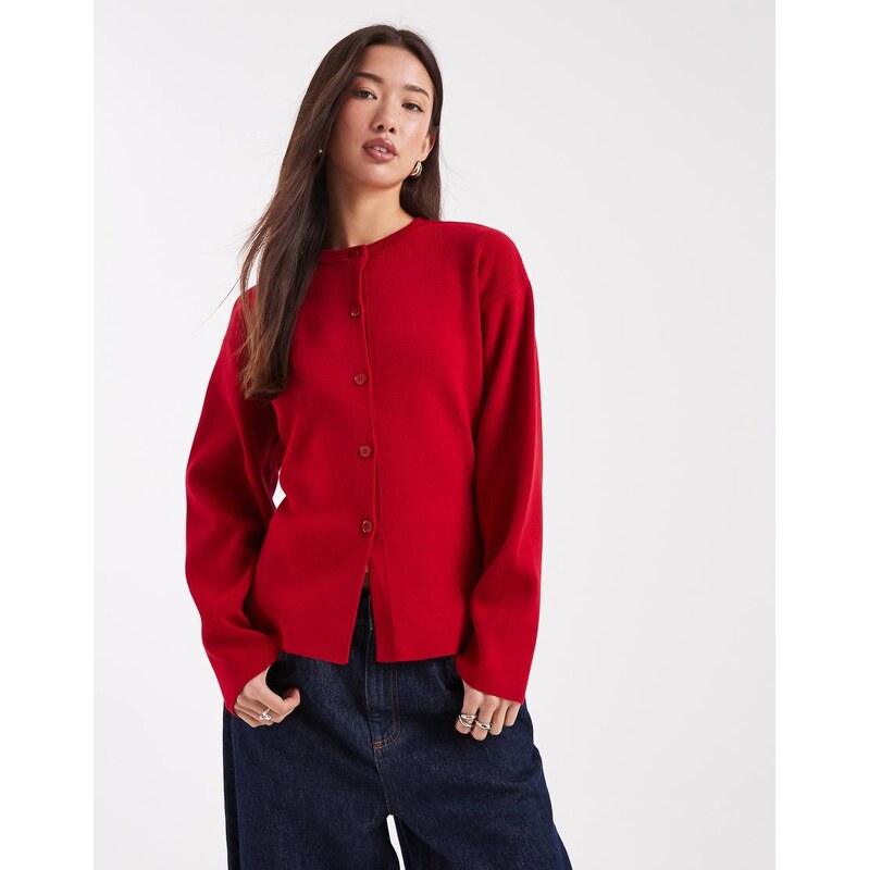 ASOS DESIGN knitted structured crew neck cardigan in red 115718925