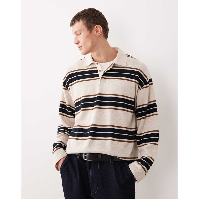 ASOS DESIGN heavyweight relaxed long sleeve rugby polo in ecru