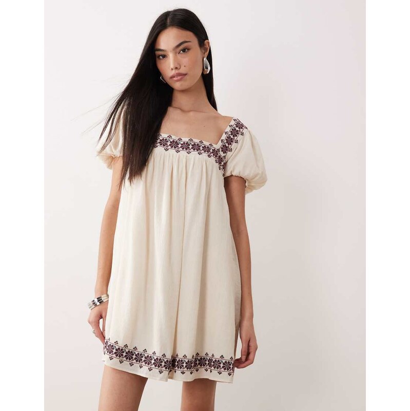 Abercrombie & Fitch boho embelished puff sleeve babydoll mini dress in 110131343