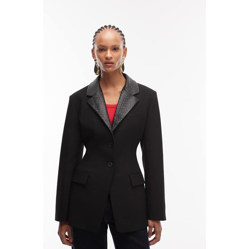ASOS DESIGN tailored cinch waist blazer with faux leather lapels in black