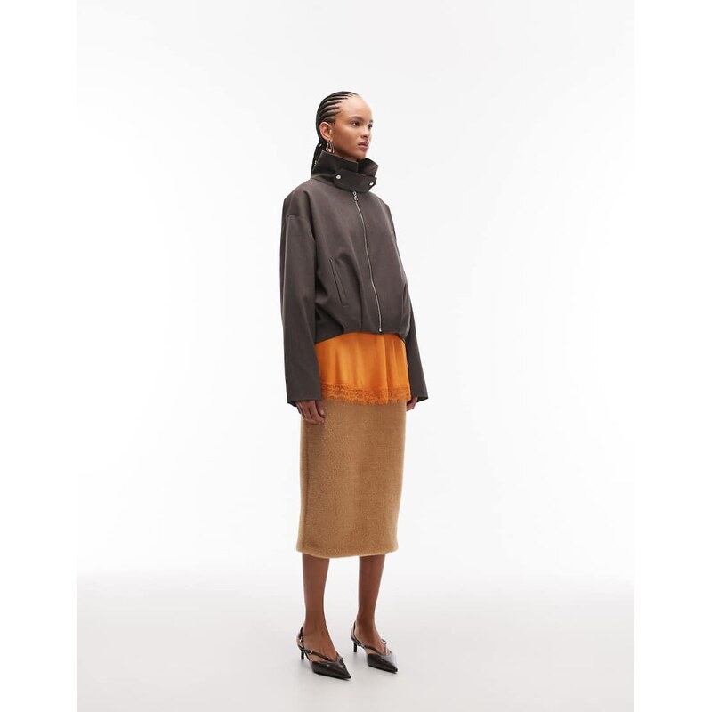 ASOS DESIGN fur pencil skirt in camel-Brown