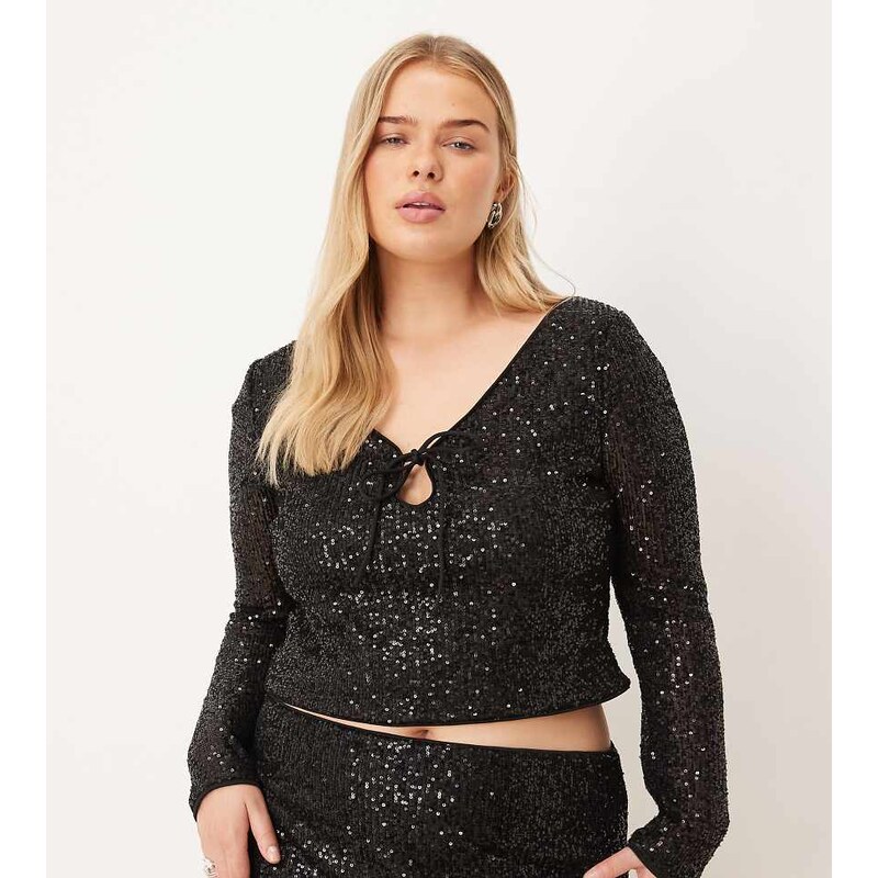 ASOS Curve ASOS DESIGN Curve allover sequin keyhole long sleeve top in 110133072