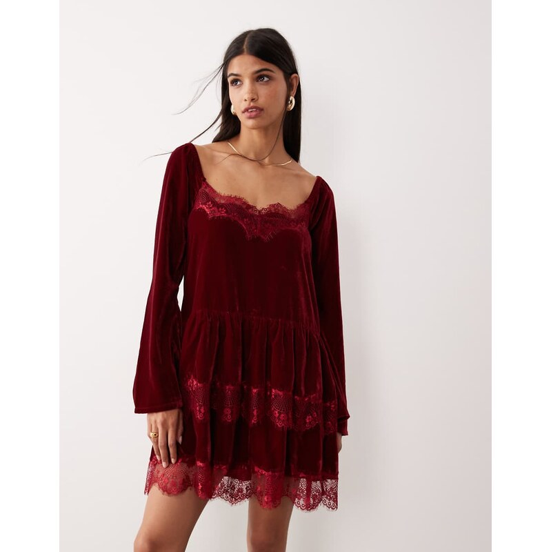 ASOS DESIGN long sleeve sweetheart neckline mini dress in wine