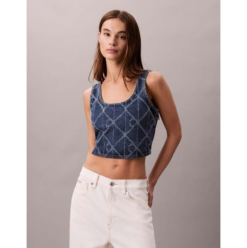 Calvin Klein Jeans laser cut repeat logo denim bralette top in