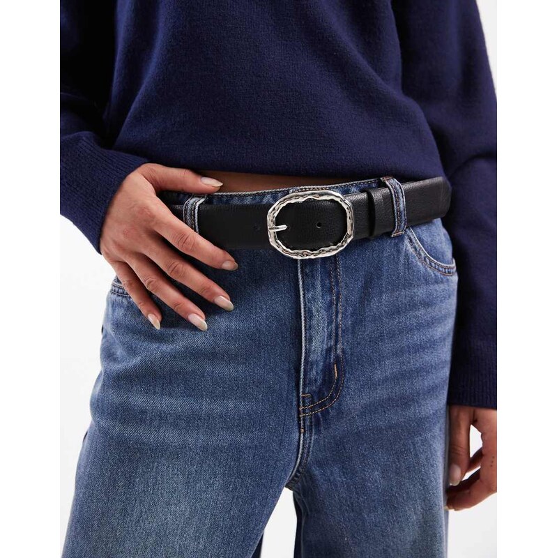 Vero Moda faux leather belt with gold hammered metal buckle in