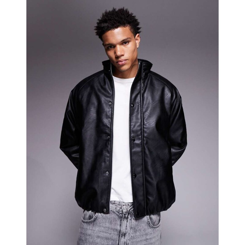 ASOS DESIGN faux leather padded bomber in black