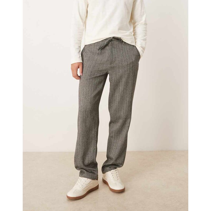 ASOS DESIGN straight trousers in grey herringbone with belt tie