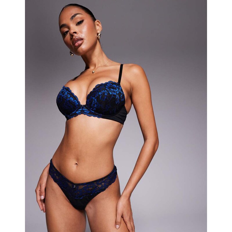 Ann Summers Sexy Lace two tone padded plunge bra in black/blue