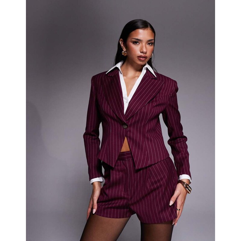 River Island cropped fitted blazer in burgundy-Red
