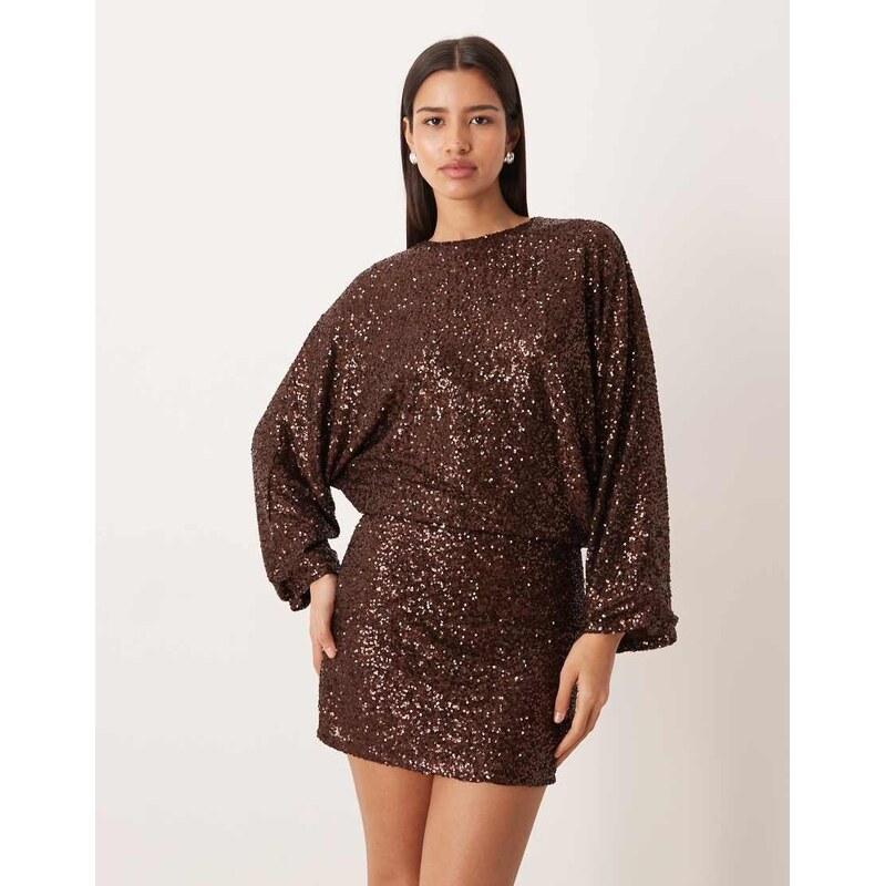 Gina Tricot long sleeve sequin low back mini dress in dark brown