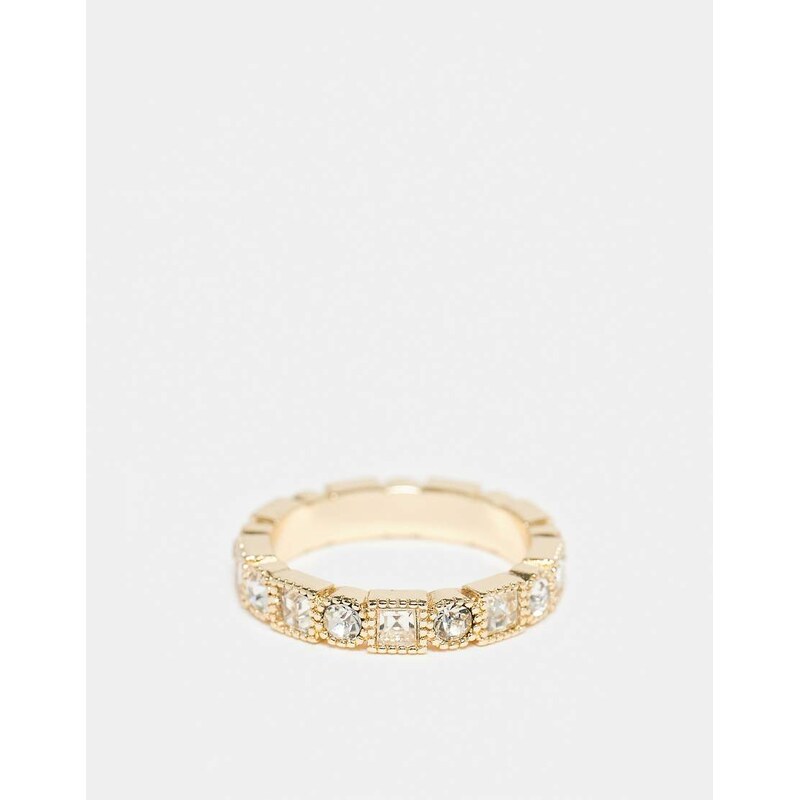 ASOS DESIGN square and circle faux crystal band ring in gold