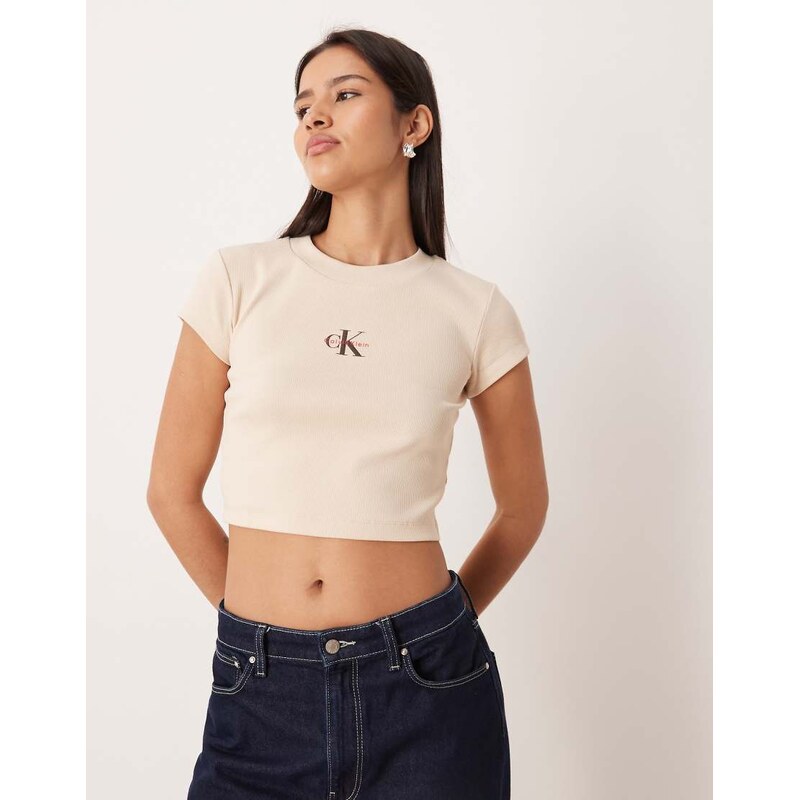Calvin Klein Jeans monogram logo baby tee in beige-Neutral 110133282