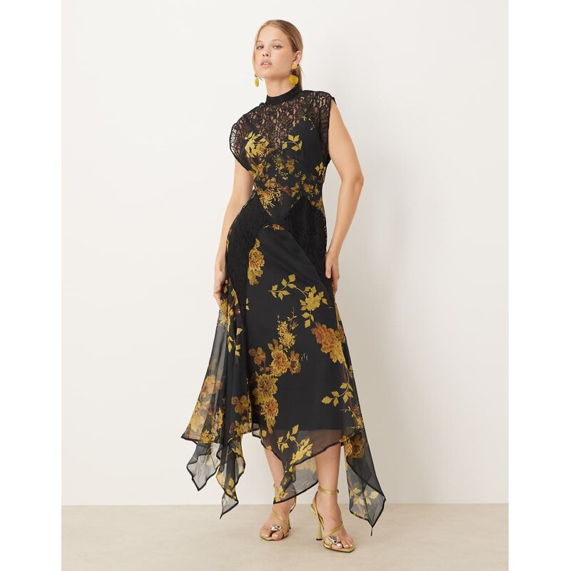 ASOS DESIGN seamed high neck lace detail midi dress in dark