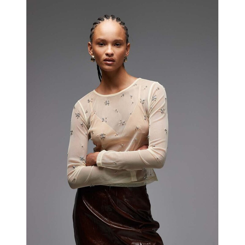 ASOS DESIGN scatter embellished sheer mesh long sleeve top in