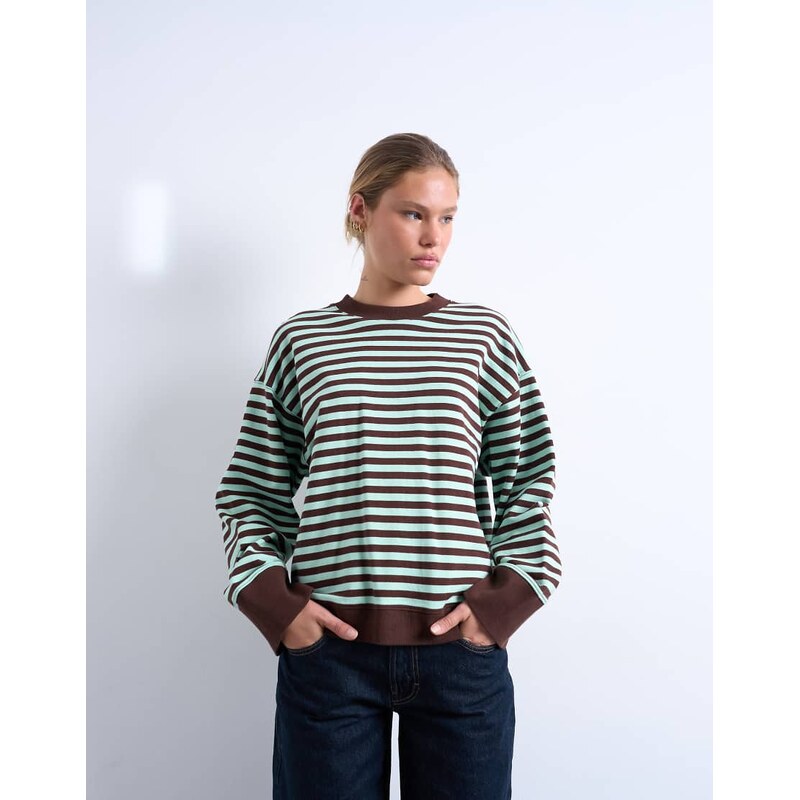 Topshop stripe oversized deep cuff sweat in mint and chocolate-Multi 109527402