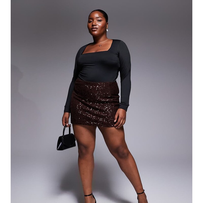 ASOS Curve ASOS DESIGN Curve allover sequin mini skirt in chocolate 115513732