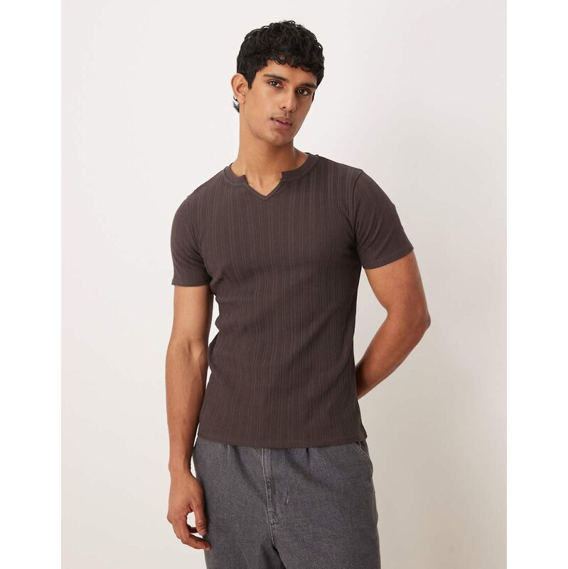 ASOS DESIGN muscle fit t-shirt with notch neck in brown rib