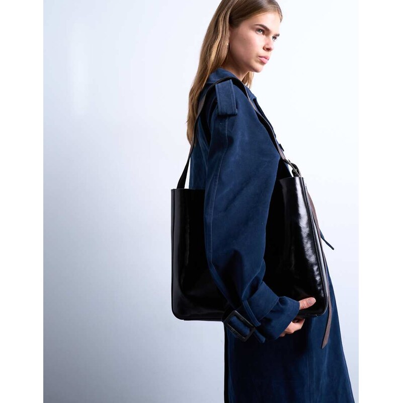 Topshop Tiana premium real leather tote bag with buckle in black and 110141466