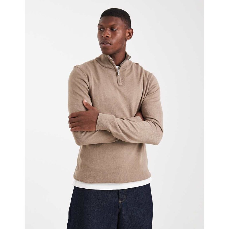 Threadbare 1/4 zip jumper in taupe-Neutral