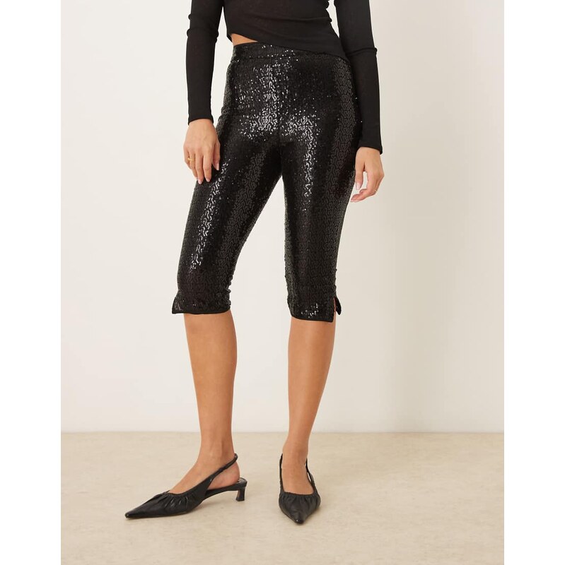 ASOS DESIGN tailored sequin capri trousers in black