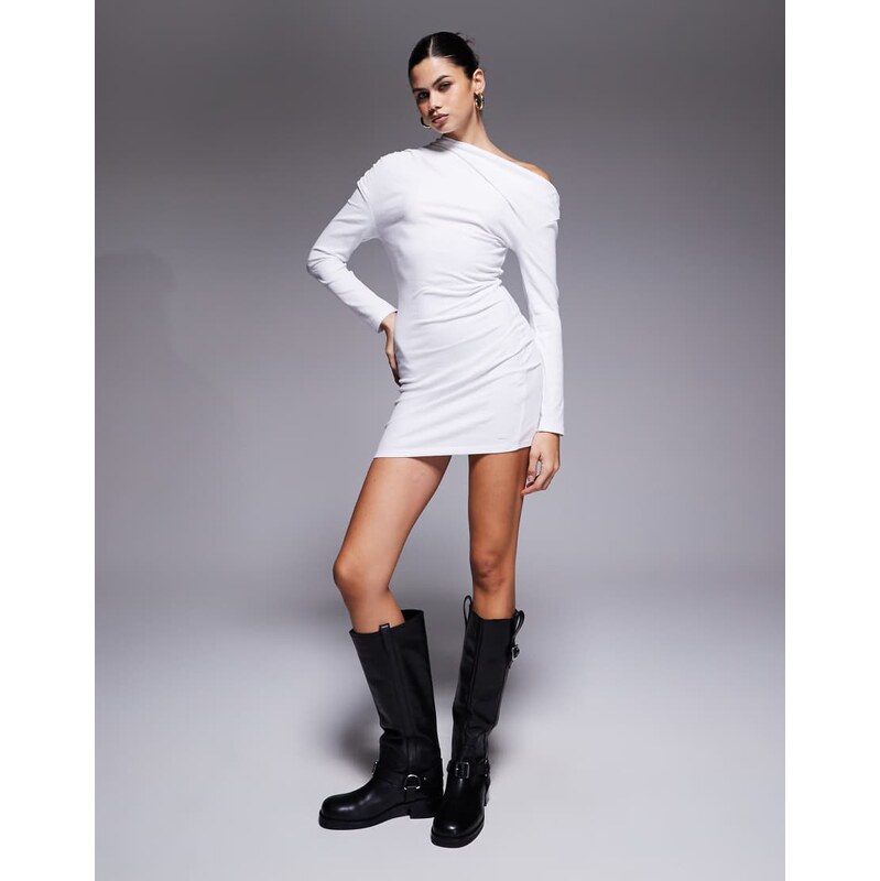 ASOS DESIGN ribbed asym neckline fitted mini dress in white 115514948