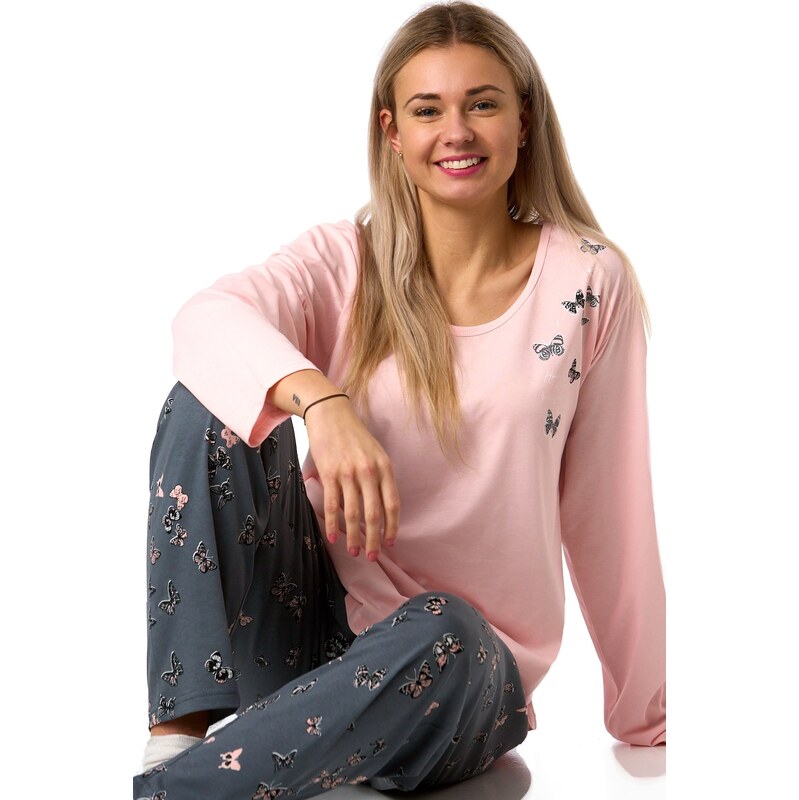 Naspani Pyžamo pro plnoštíhlé ženy 1XL-4XL růžové s motýlky 1B2326 110142042