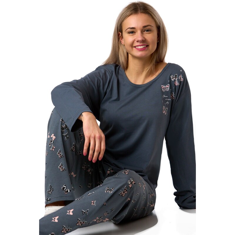 Naspani Pyžamo pro plnoštíhlé ženy 1XL–4XL šedé s motýlky 1B2327 110142043